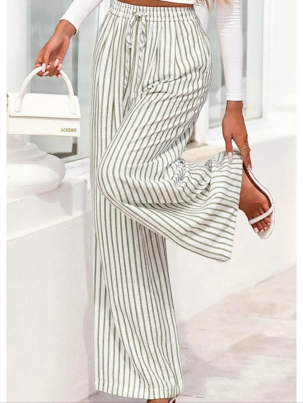Striped Wide-Leg Drawstring Pants - White & Olive